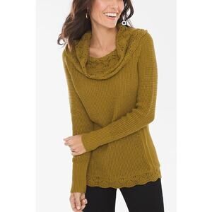 Chicos Textured Lacework Cowl‎ Neck Pullover Sweater Tunic Golden Brown  2 Large